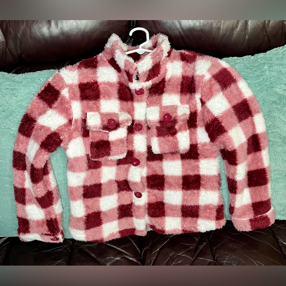 Speechless Kids Pink And White Checkered Sharpa Jacket. Size XLarge